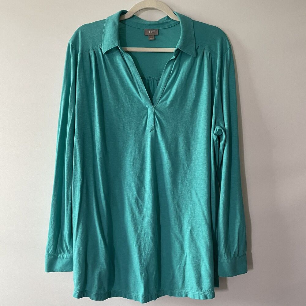 J. Jill Teal Cotton Long Sleeve V-Neck Blouse Size L
